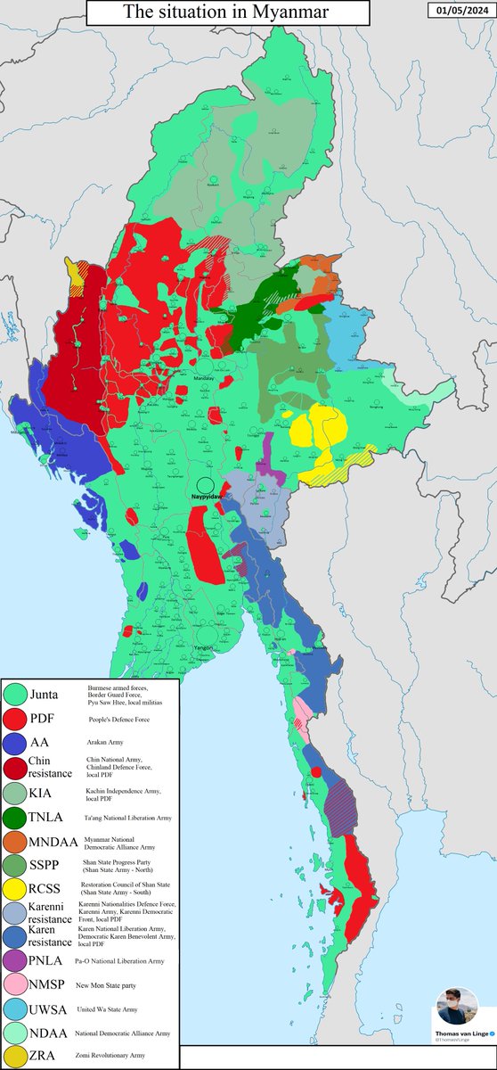 #Myanmar 🇲🇲 MAP UPDATE: the situation in Myanmar as of 01/05/2024.

This past month saw continuous resistance gains in #Kachin and in #Rakhine. But resistance forces were dealt a setback, after a initial victory in Myawaddy.

download larger file: mediafire.com/file/m1voagoqj…