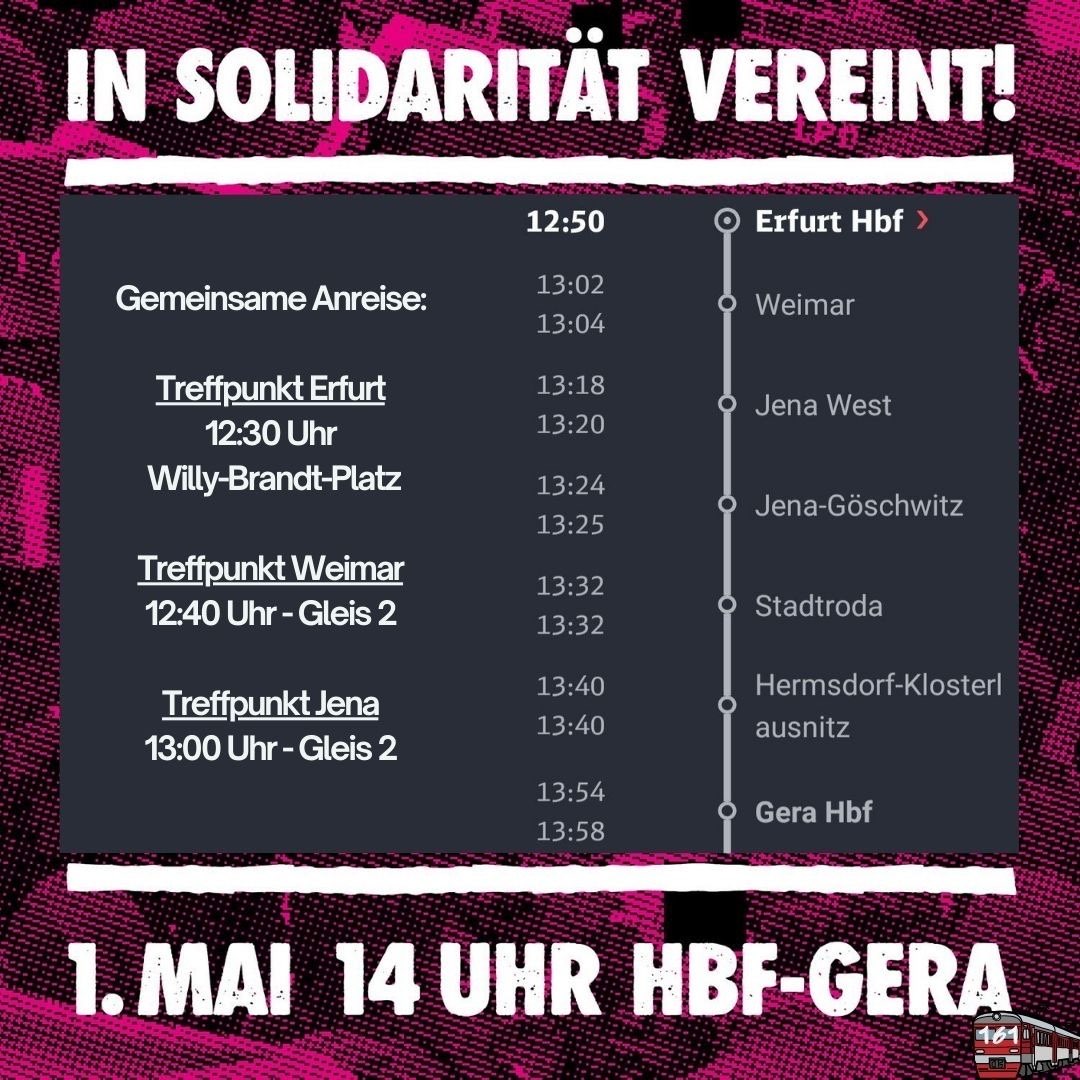 Und auch in #Gera, Stadt mit großem Naziproblem, geht es dieses Jahr auf die Straße! Antifaschistisch, antikapitalistisch, Kämpfe verbindend und unverzagt trotz massiver Repression im Zuge des 1. Mai im letzten Jahr. #g0105