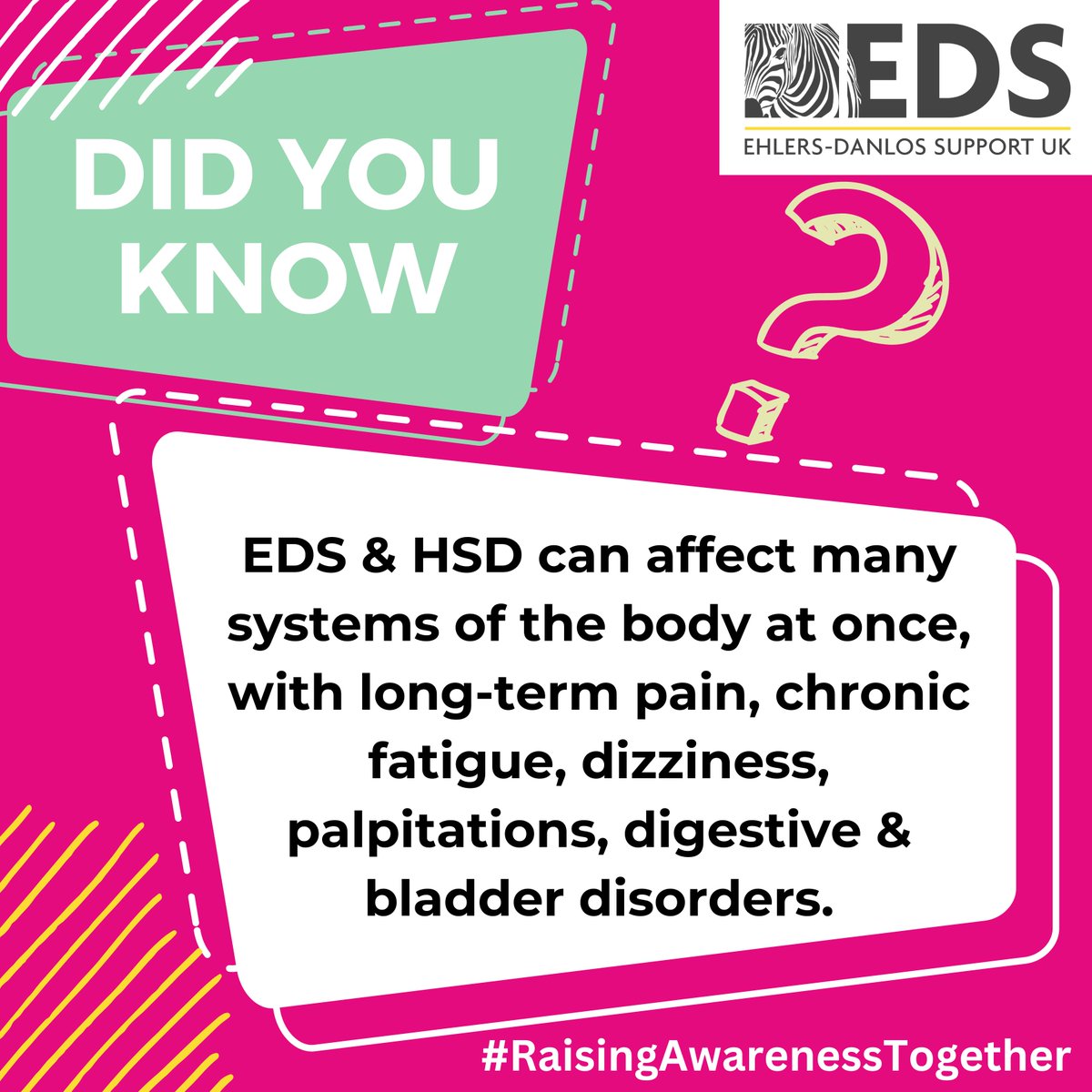 It's Ehlers-Danlos Syndromes (EDS) and Hypermobility Spectrum Disorders (HSD) Awareness Month! [Thread] What is #EDS? The Ehlers-Danlos syndromes (EDS) are a group of 13 individual genetic conditions, all of which affect the body’s connective tissue: ehlers-danlos.org/what-is-eds/