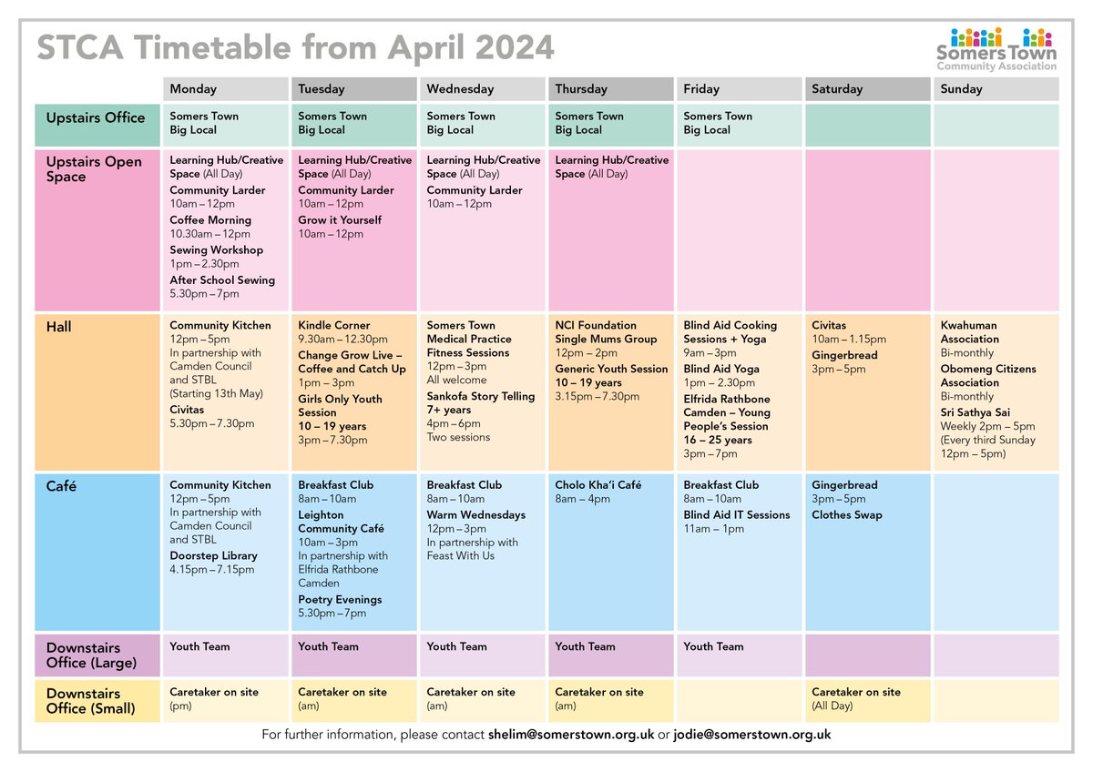 Wow our most up to date timetable at STCA, so much going on, something for everyone :o) @LivingCentreNW1 @CamdenCouncil @TheCrick @britishlibrary @SomersTownBL @EddieFrondy @LittleVillageHQ @ENPrimarySchool @RegentHighSch @ThinkDoCamden @somersgallery @NewJournal @CamdenMarkets