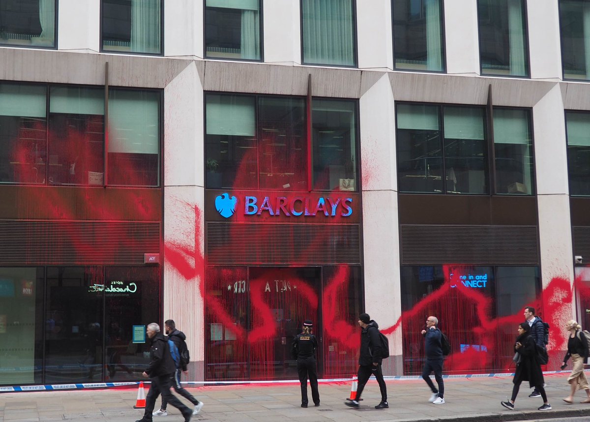 BREAKING: Palestine Action spray red paint over Barclay’s branch in Moorgate, London. Whilst the bank funds the zionist war machine, they remain complicit in the Gaza genocide.