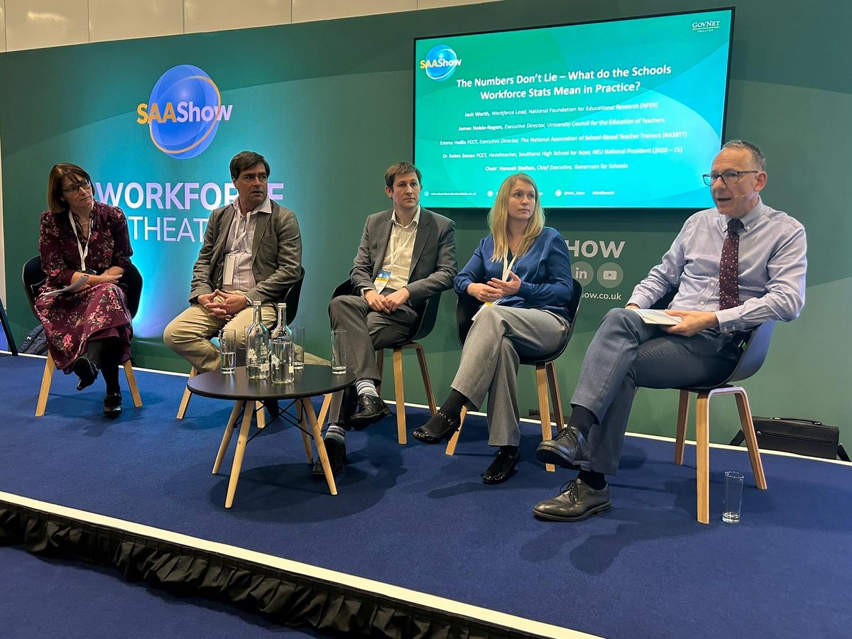 NASBTT's Emma Hollis discussing 'The Numbers Don’t Lie – What do the Schools Workforce Stats Mean in Practice?' at #SAASHOW with @JackWorthNFER @UCET_UK James Noble-Rogers and panelists #ITT