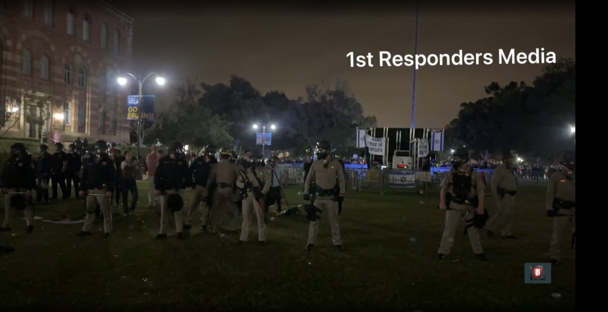 At UCLA, police riot line, which is thin, has moved to within 10 meters of the barricades. Respirators are on, pro-Israeli protesters have moved away.