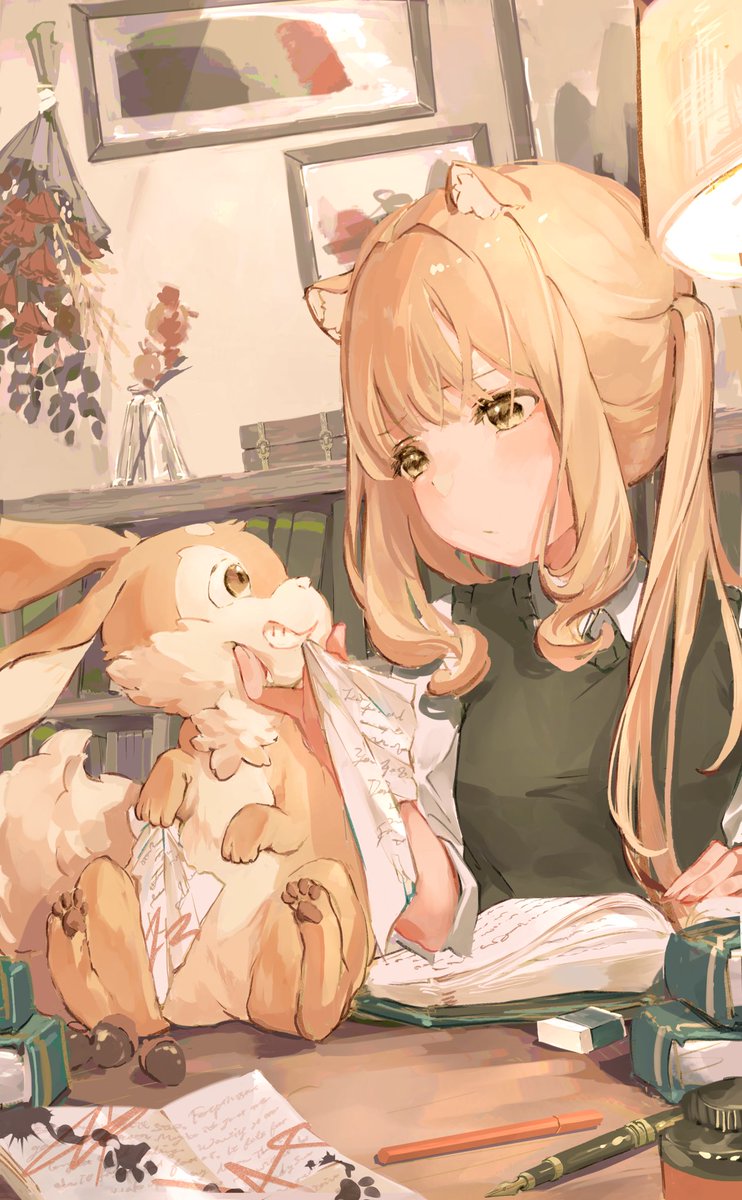 1girl long hair shirt blonde hair holding animal ears closed mouth  illustration images