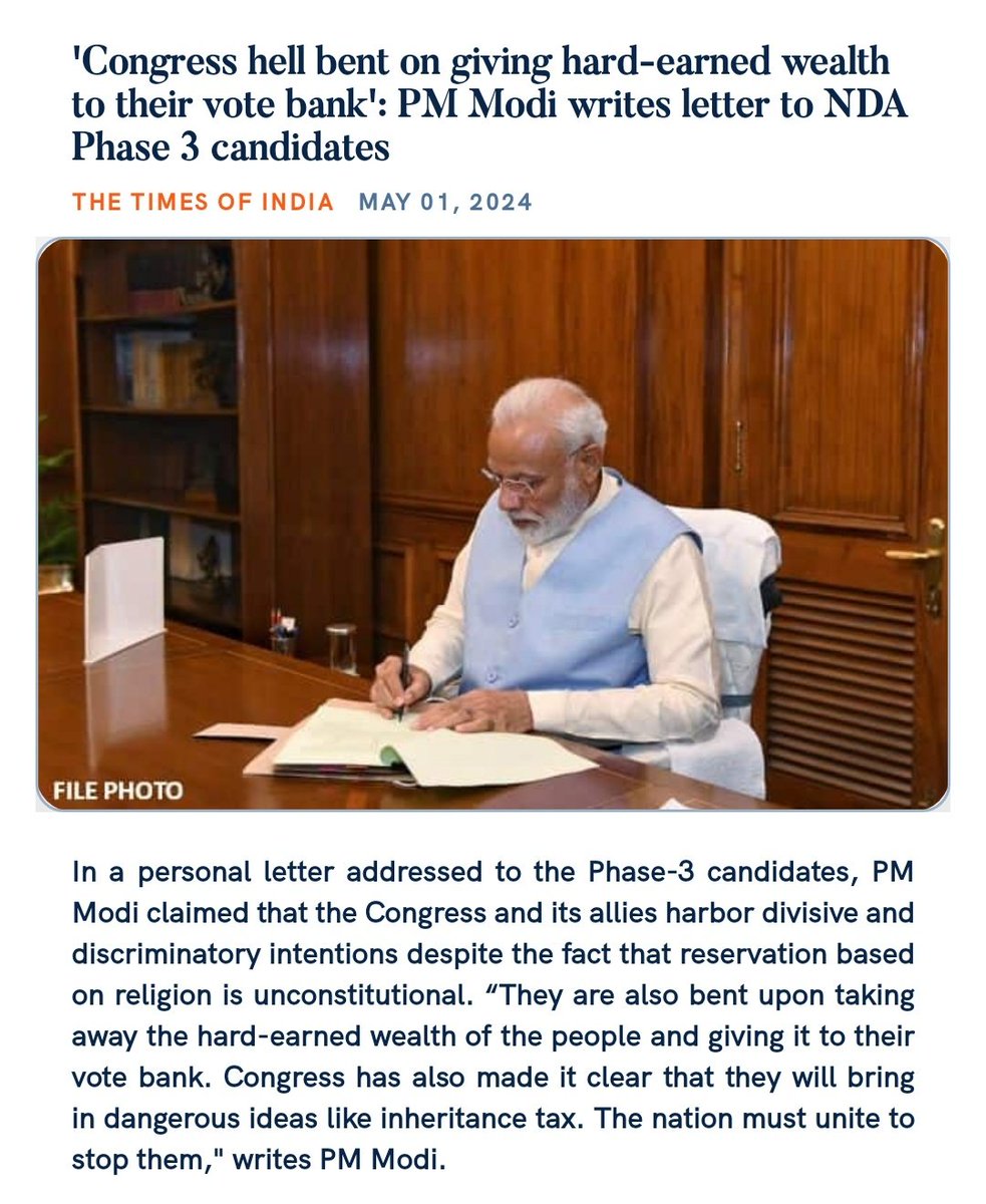 'Congress hell bent on giving hard-earned wealth to their vote bank': PM Modi writes letter to NDA Phase 3 candidates timesofindia.indiatimes.com/india/congress… @praveenskapoor @Virend_Sachdeva @BJP4Delhi @VikramMittalBjp