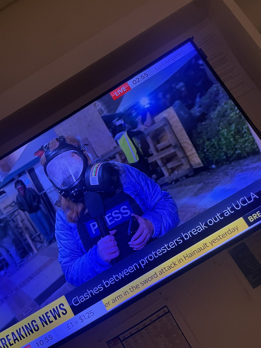 Do not adjust your sets - this is @marthakelner wearing a gas mask on @UCLA campus with increasing disruption and violence at the encampment protesting against what is happening in the Middle East. Remarkable scenes in the early hours of the morning there. Latest @SkyNews