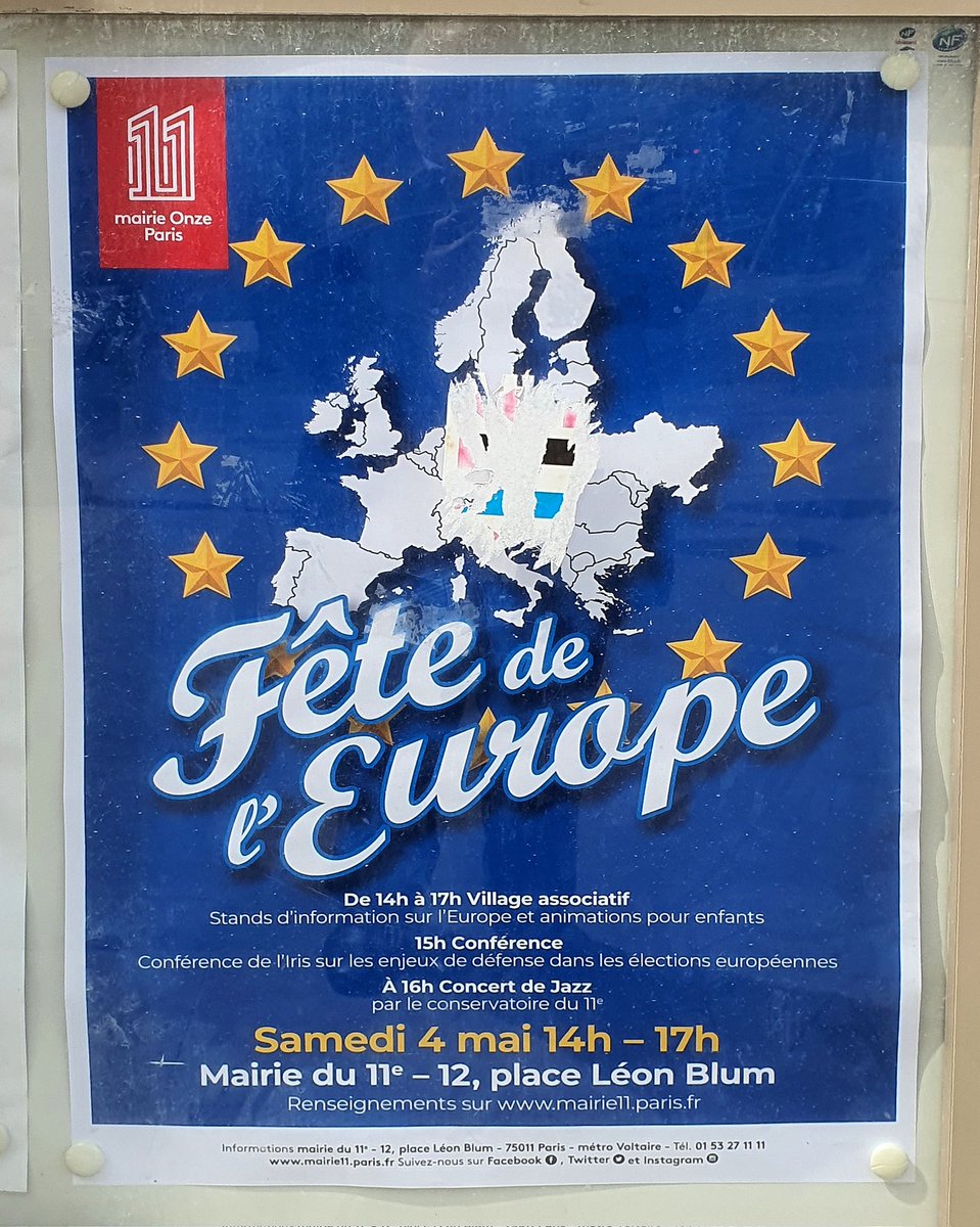 🤣 LE JEU DES 13 ERREURS
La mairie du XIe arrt de Paris organise une 'Fête de l'Europe' le samedi 4 mai prochain.
L'affiche de la mairie qui annonce l'événement comporte rien moins que 13 erreurs, ce qui est un comble pour une journée d'information !!
🧐 Saurez-vous les trouver ?