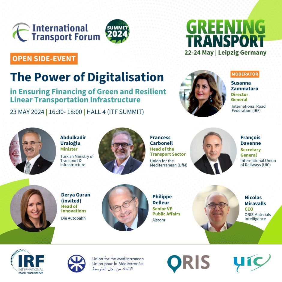 🌐 Don't miss this 2024 @ITF_Forum Summit side event! The IRF, @UfMSecretariat, #Oris, and @uic are hosting a panel on sustainable #infrastructure financing Save the date: 23 May 2024, 16:30-18:00 | Hall 4 @ITFsummit Learn more: buff.ly/3QozbWr #ITFSummit