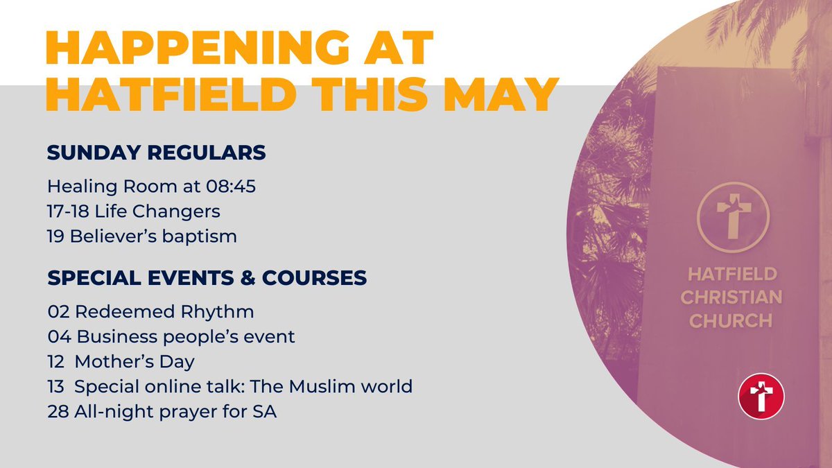It’s the 1st of May, so happy Workers’ Day! 💪💪🏿💪🏾💪🏽💪🏼💪🏻 We have some awesome Hatfield opportunities coming your way this month! 🗓️🗓️🗓️ Click here, buff.ly/44DTHZ7, for up-to-date information and registration links. 
 
#comingup #may #HatfieldChristianChurch
