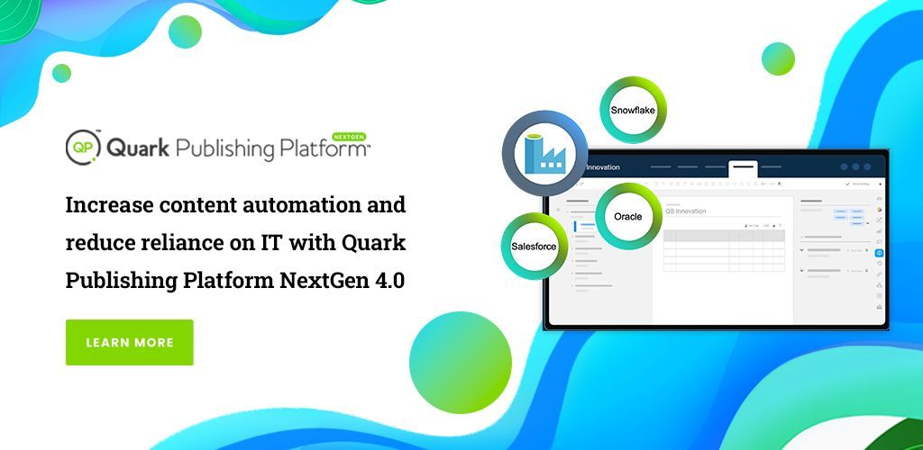 Increase content automation and reduce reliance on IT with Quark Publishing Platform NextGen 4.0.

Integrate other systems like @Oracle and @Salesforce to bring in external data in your content workflow.

Learn more here 👉  buff.ly/3QrrJcZ

#ContentAutomation
