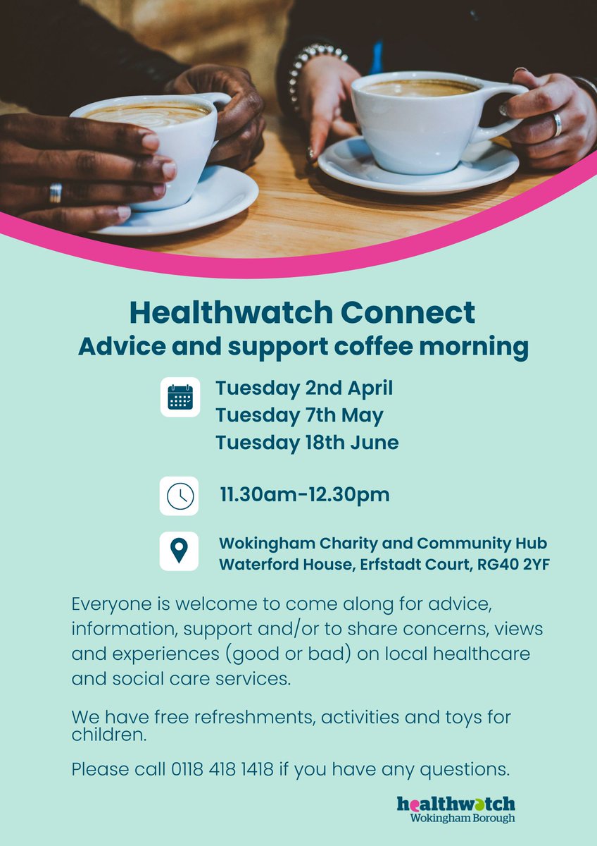 Our next #HealthwatchConnect coffee morning is nearly here! Come meet your #Healthwatch team to get information and advice, from screenings, hospital appointments, to women's health, mental health, and everything in between. Hope to see you on Tuesday 7th May from 11.30👇