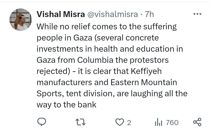 Meanwhile careerist faculty on US campuses like Cricinfo co-founder @vishalmisra continue to defend tyrannical police state activity and mock brave students opposing the genocide. What 'concrete investments' are possible when Israel will bomb Rafah & controls aid transportation?