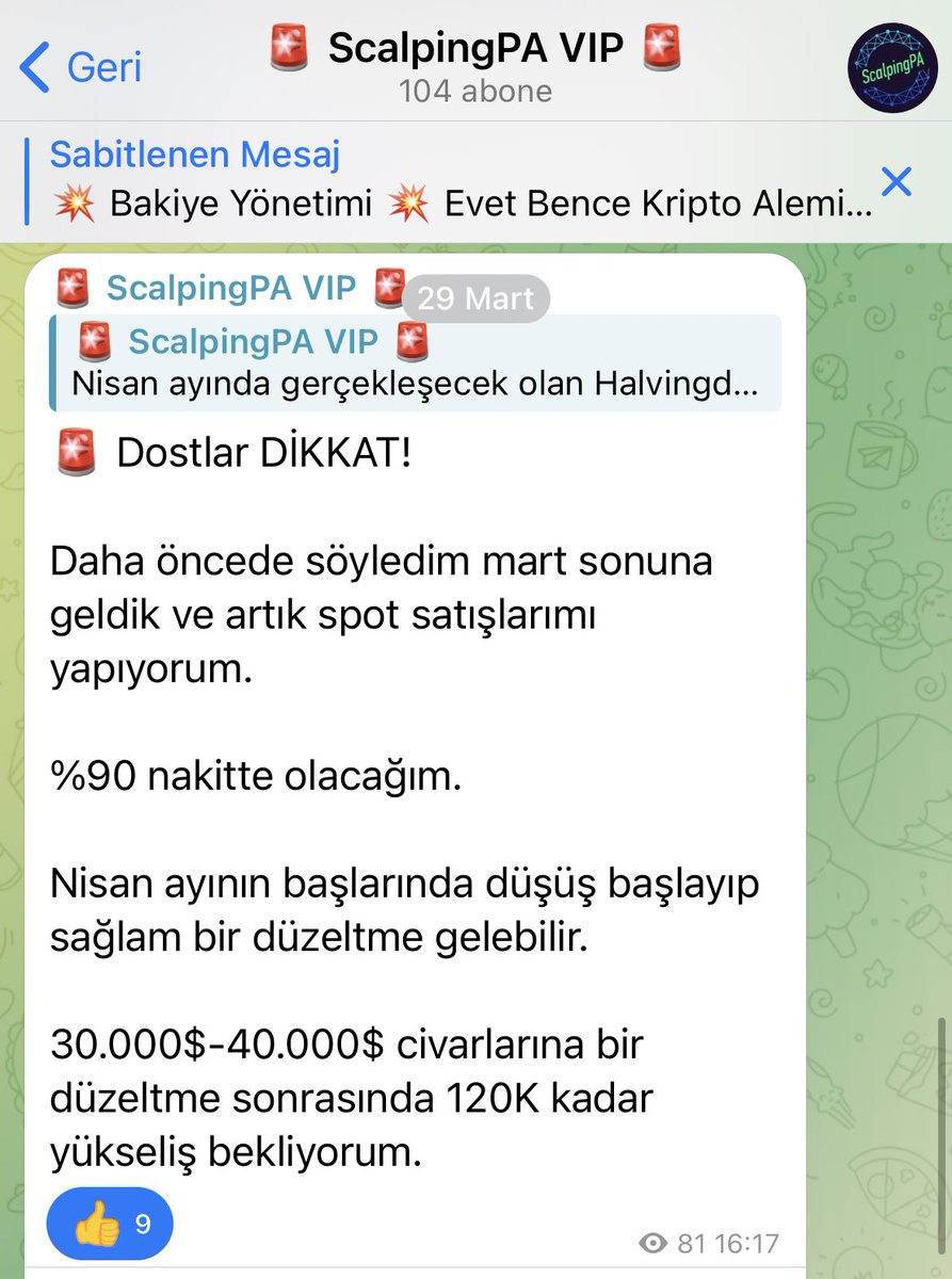 29 Martta VIP Grubumuzda Yaptığım Paylaşım.

“Nisan ayında düşüş başlar”

“%90 nakite geçiyorum”

Bunları yazdığım zaman #BTC 70.000$ üzerindeydi herkes 85.000$-120.000$ beklerken ben ilk etapta 59.000$ düşeceğimizi söyledim.

Bizimle Güvendesiniz! 😎✅