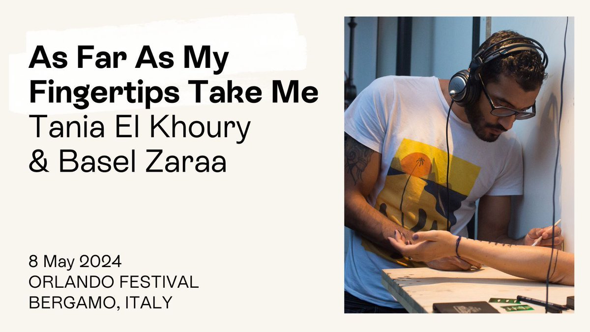 ✍🏽 As Far As My Fingertips Take Me lands in Italy next week 🇮🇹 Experience a moving encounter with a refugee through @taniaelk & Basel Zaraa's intimate one-on-one performance 📍Orlando Festival, Bergamo 📅 Wednesday 8 May ⏰ 4-8.30pm 🎟️ Book here: buff.ly/4dfor6z