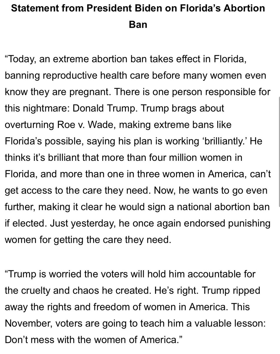 NEW: @JoeBiden on the start of Florida’s new abortion access law. Blames Donald Trump for it and says, “This November, voters are going to teach him a valuable lesson: Don’t mess with the women of America.”