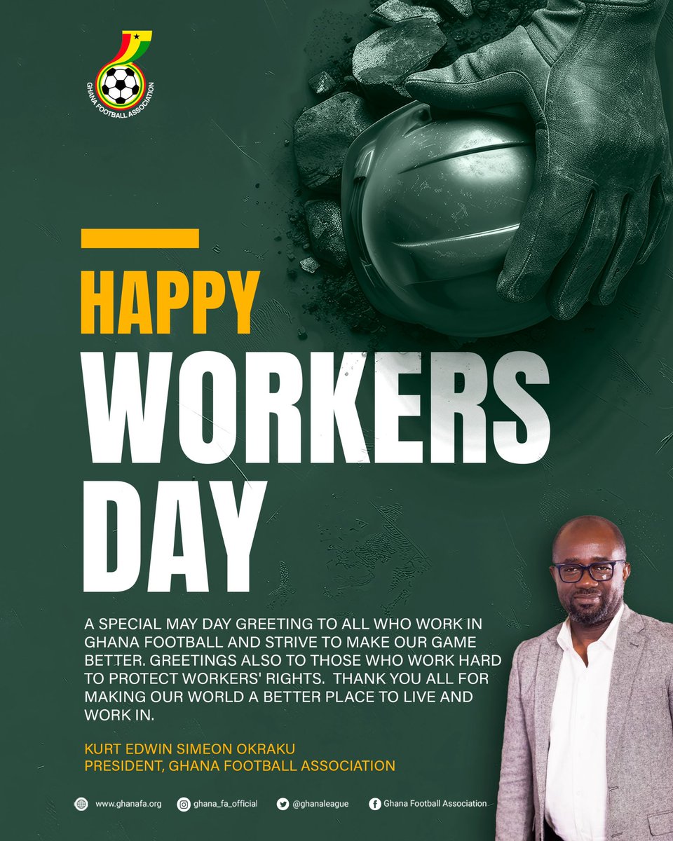 President @kurtokraku extends warm wishes to all Ghana Football stakeholders and workers across the nation on this special day. 

Thank you for working hard and dedicating yourselves to making our football and country better! 👏🏾

 #WorkersDay #BringBackTheLove