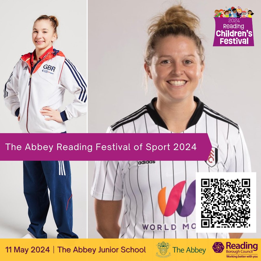 Reading #ChildrensFestival 2024 starts with The Abbey Reading Festival of Sport ⚽ Enjoy a day of sports and fun, inspiring girls in sport! FREE taster sessions for ages 3-9 with GB gold medalist Kelly Simm and Fulham FC's Ellie Olds!
Book now: QR code or JuniorPE@theabbey.co.uk