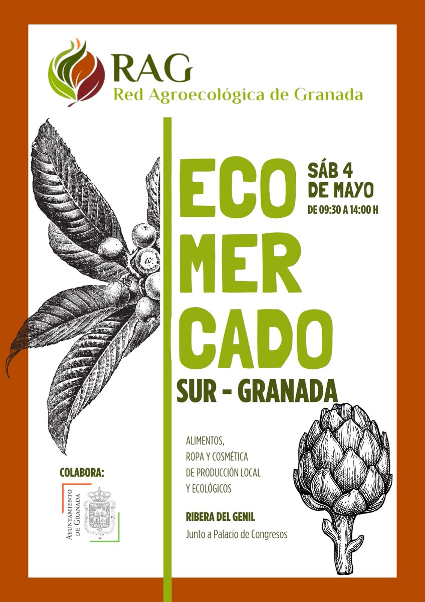 Hola a tod@s. Este 4 de mayo se puede comer sano. Esta posibilidad te la acerca el Ecomercado de Granada. Haz tu compra sana y responsable. Encontrarás de todo para hacer tu menú: 🥖,🧀,🥚,🍷,🥮, 🍫,🍯, 🥬, 🍅,🍲,🍚,🥜, etc. No olvides traer tu bolsa . Comparte por favor!!