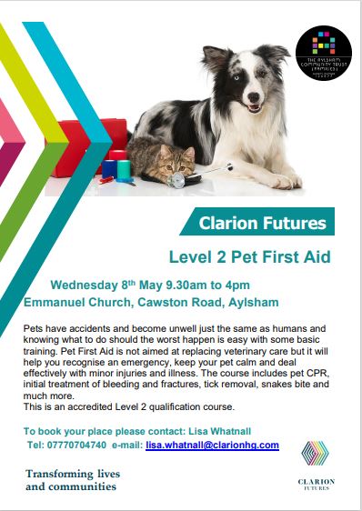 As we have had a few cancellations, we are excited to offer last-minute places for our free, one-day Pet First Aid course next week! For more information, please contact Lisa at Clarion Futures.