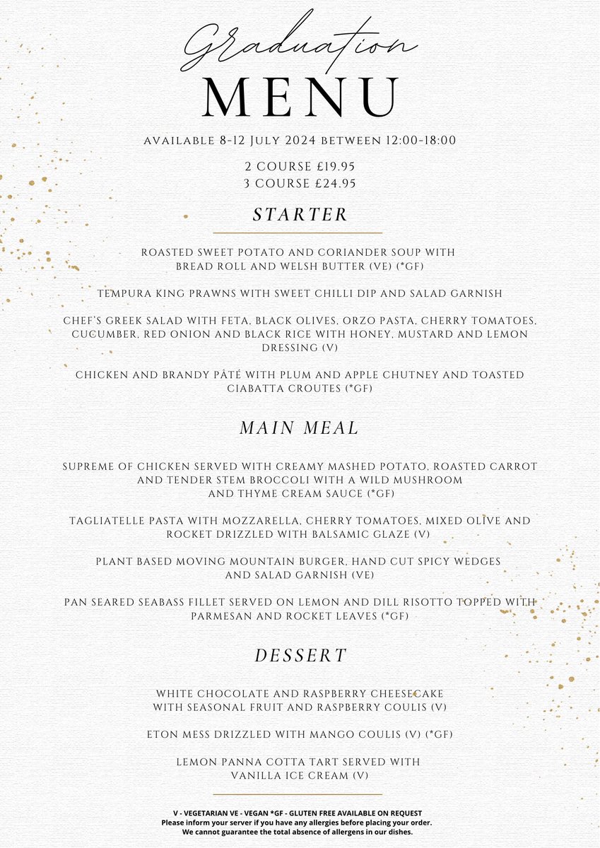 🎓 Graduation Menu 🎓

Celebrate your Graduation success by booking a table in our restaurant during Graduation week! Menu available between 8-12 July from 12pm-6pm.

Regular Menu available from 6pm-9pm.

Book your table today 

bangor.ac.uk/management_cen…

#BangorGrad