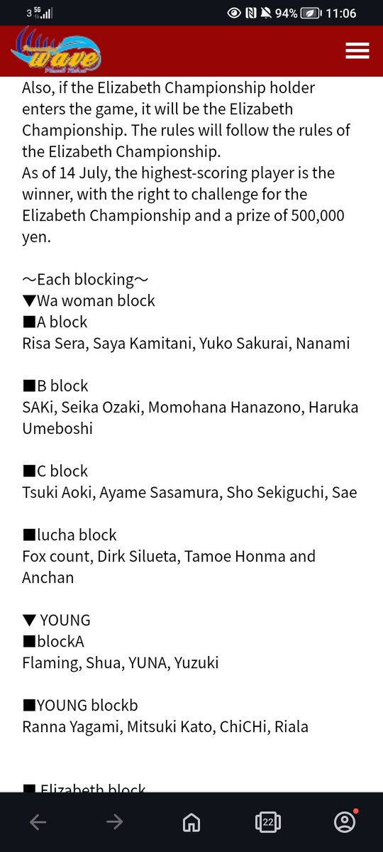WAVE announced the blocks for Catch the WAVE. Saya Kamitani will face Risa Sera, Nanami, Yuko Sakurai Ranna Yagami will face Chichi, Riara and someone else who's translation is bad!