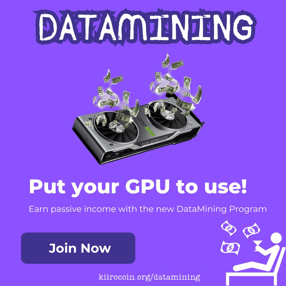 Do you have a GPU and want to #earnmoney passively? Do you have more than one GPU and #CryptoMining is no longer enough for you?

Switch to DataMining, the sooner you download it, the greater your earnings will be!!!
Download now from kiirocoin.org/datamining