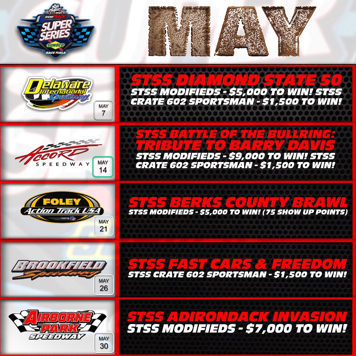 It’s about to get busy!  The month of May lights up the @BobHilbertSW  Short Track Super Series Fueled By @SunocoRacing !