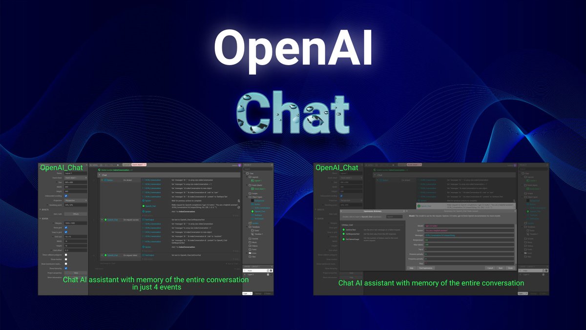 Last week, I launched the all-in-one #construct3 #openai Plugin Suite 1.4 featuring:
▫️Chat 🗨️
▫️Chat Vision 👁️
▫️Dall-E 🎨
▫️Whisper 🤫
▫️TTS 📢

Now, I’m breaking it down and releasing each plugin on its own as well.
construct.net/en/game-assets…