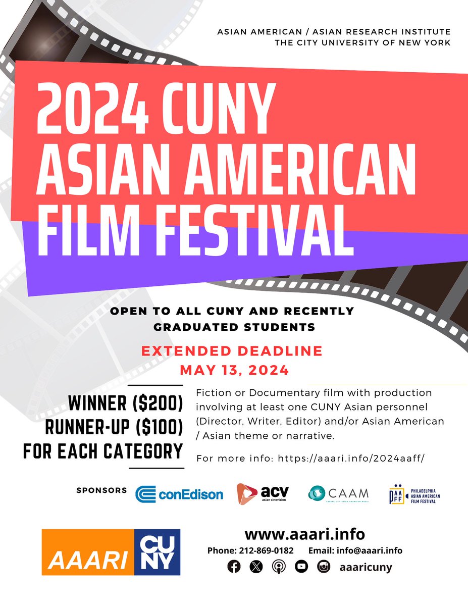 Great news! Deadline extended CUNY Asian American Film to 5/13. Current CUNY students and recently graduated ones can submit their fiction or documentary film for competition. More info at aaari.info/2024aaff/ #cunyaaff #cunyasianamericanfilmfestival #cunystudent #studentfilm