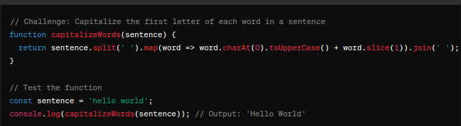 IsaiahCodes's tweet image. LESSON 5: Capitalize First Letter of Each Word.
USES: #formatting titles, headings, or sentences in a consistent and readable manner. This operation is also relevant in natural #language #processing tasks, where proper #capitalization enhances text readability and interpretation