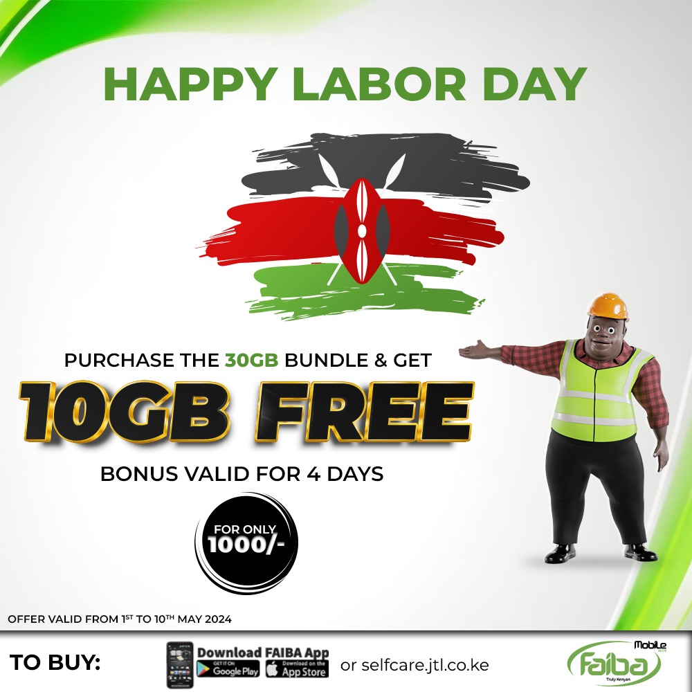 Happy labor day from @FaibaMobile .
Tuko na good offers Leo.
Purchase the 30GB bundle and get 10GB free bonus valid for 4 days.
#Getfaiba