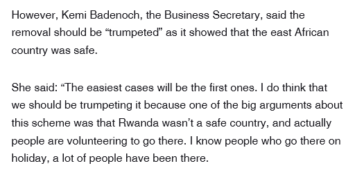 Morning. Got a mo? Rwanda's a safe country to be deported to by force against your will for your entire life because Kemi Badenoch knows people who go there on holiday. Ok, as you were.