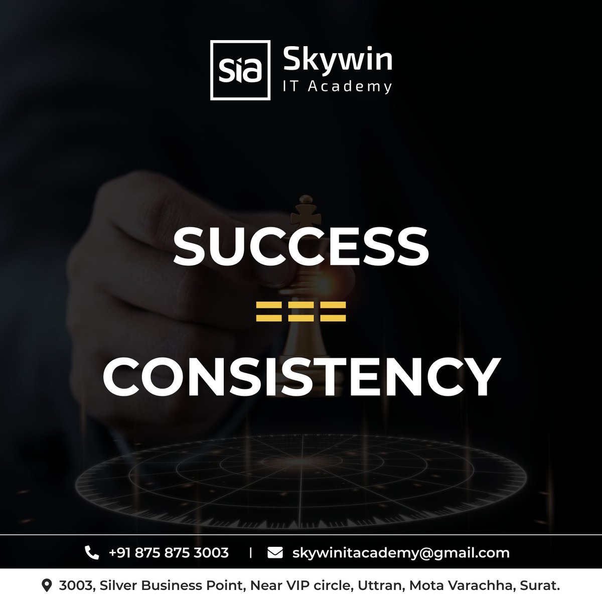 At Skywin IT Academy, achieving success is all about maintaining consistency. Explore and expand your knowledge in the IT segment with us.
#success #consistency #skywinITacademy #itcourse #itacademy #itinstitute #surat