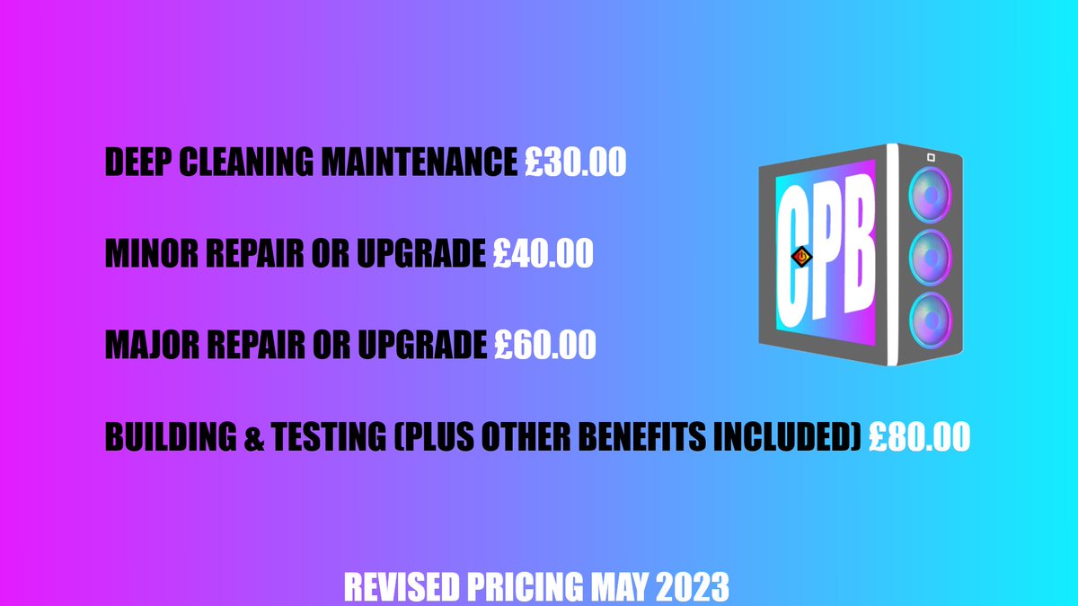 *None of the prices listed are to be combined with each other, they are all separate stand-alone services!* #CustomPCBuilder #CustomPC #SystemBuilder #GamingPC #CustomGamingPC #CustomPCBuilderUK #PCBuilderUK #Workstation #PC #Gaming #DAW #CAD #3DRendering #WestMidlands #UK