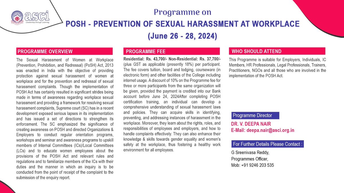 Join us at ASCI for an essential program on POSH-Prevention of Sexual Harassment at Workplace. In this comprehensive course, participants will learn about the legal framework, policies, and procedures for addressing and preventing sexual harassment in the workplace.