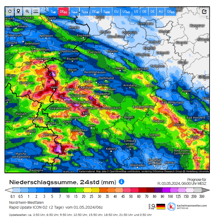 Viele Modelle rechnen doch recht hohe Regenmengen bei dem hochkochenden Gewittern, die anschließend verclustern!
Allerdings sind SHD und EZ4 noch deutlich zurückhaltender.
Bei den  vollen Böden gilt es das im Auge zu behalten 
kachelmannwetter.com/de/modellkarte…