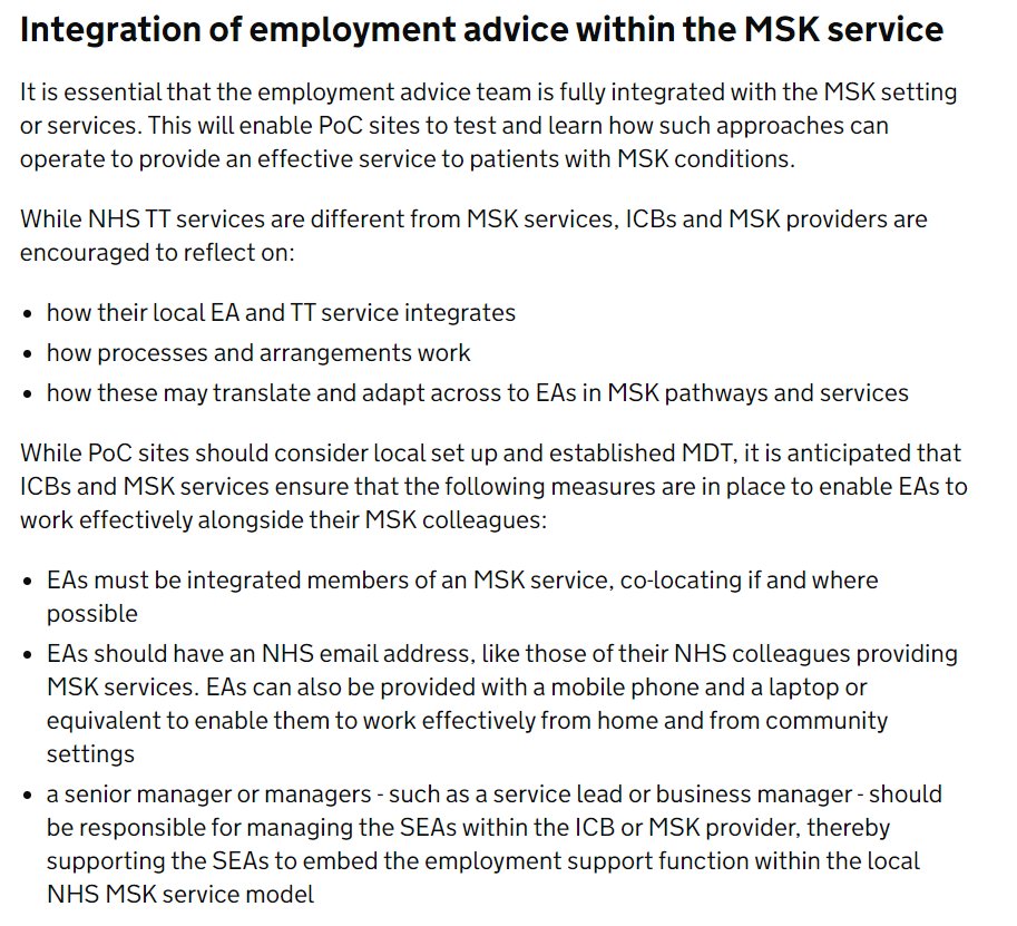 I missed this last week - prospectus for the new 'Employment advisers in musculoskeletal pathways' project. Great to see and v welcome: lots of evidence for impact of good quality rehabilitation alongside health support. Open to all ICBs to bid, by 24 May. gov.uk/government/pub…