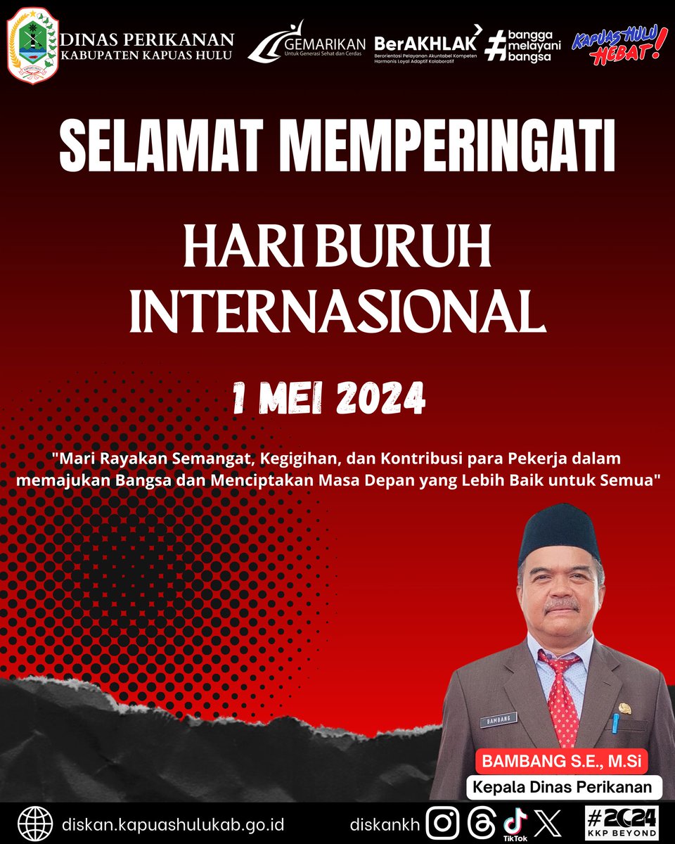 DiskanKh's tweet photo. Dinas Perikanan Kabupaten Kapuas Hulu mengucapkan Selamat Hari Buruh yang penuh kebahagiaan bagi semua pekerja di seluruh dunia khususnya Indonesia.

#kkpgoid 
#2024kkpbeyond 
#perikanan 
#aquaculture
#akuakultur
#fisheries
#fisheriesscience
#fisheriesresearch https://t.co/n0PMfY1oNJ