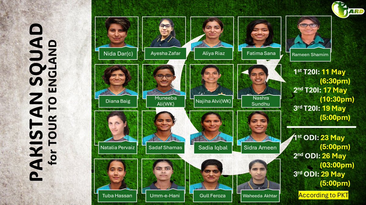 🚨Nida Dar will lead 17-member Pakistan Squad for tour to England🚨

Any surprise inclusion or exclusion fans??

#PAKWvWIW #BackOurGirls #ENGvsPAK #ENGWvPAKW #CricketTwitter #NidaDar ||ARD