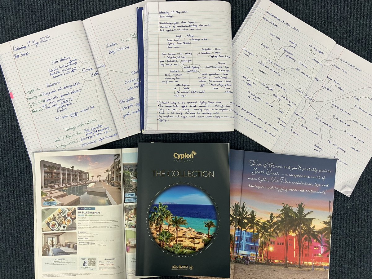 Year 6 are designing hotels ready to write some informal reviews. With thanks to Highworth Travel, the children were able to use holiday brochures to aid their planning.