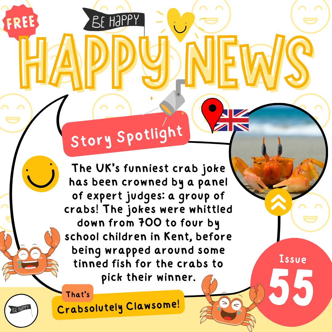 behappyresource's tweet image. Want to know what the winning joke is? You’ll have to download issue 55 of Happy News! 🌟

Please note there was a small typo in this week’s issue which has now been corrected and updated online. We are only human (not crab) 🦀 

Download it for FREE ⬇️
behappyresources.co.uk/happy-news