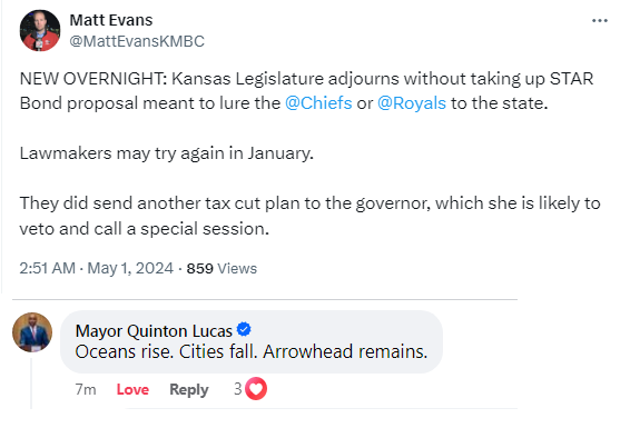 🤣 Mayor Q's comment after news broke that Kansas failed to pass a STAR Bond proposal to lure KCMO teams to Kansas.