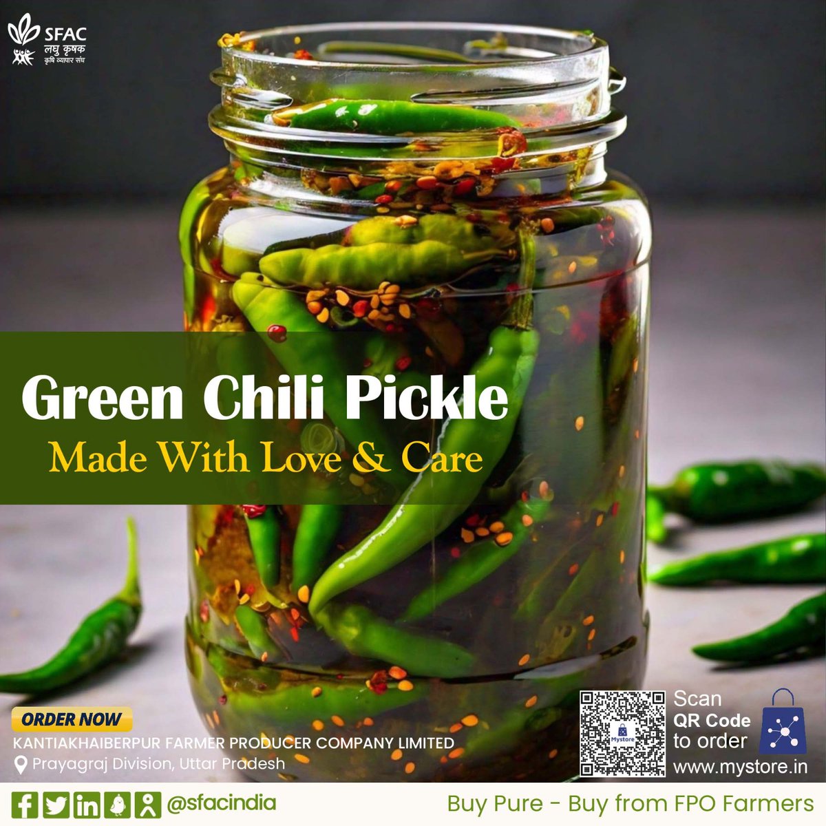 This delicious pickle contains fresh green chilis, pure mustard oil, black salt, etc. Enjoy it with dal, roti & other dishes for an enhanced taste.

Buy from FPO farmers at👇

mystore.in/en/product/gre…

😋

@AgriGoI @CMOfficeUP @ONDC_Official @PIB_India @mygovindia #VocalForLocal