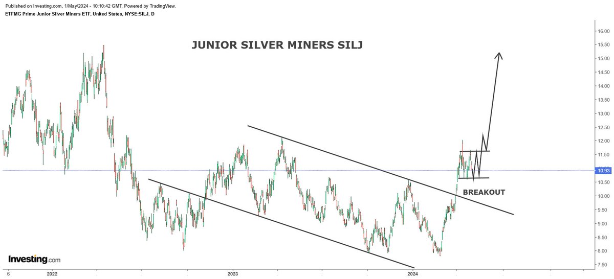 Junior Silver Miners SILJ is consolidating within $10.5 - 11.50 range over the coming day following the breakout from a year long formation. Once the consolidation is over, I expect SILJ to reach $15 mark...