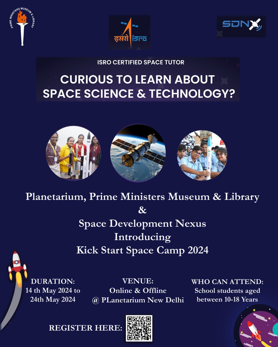 Planetarium, PMML, and Space Development Nexus invite you all to Kick Start Space Camp 2024 (Summer Camp) Starting from May 14th to May 24th, 2024–05 Link for registration: spacedevelopmentnexus.com/events/kssc-20… Limited Seats!! Register Fast