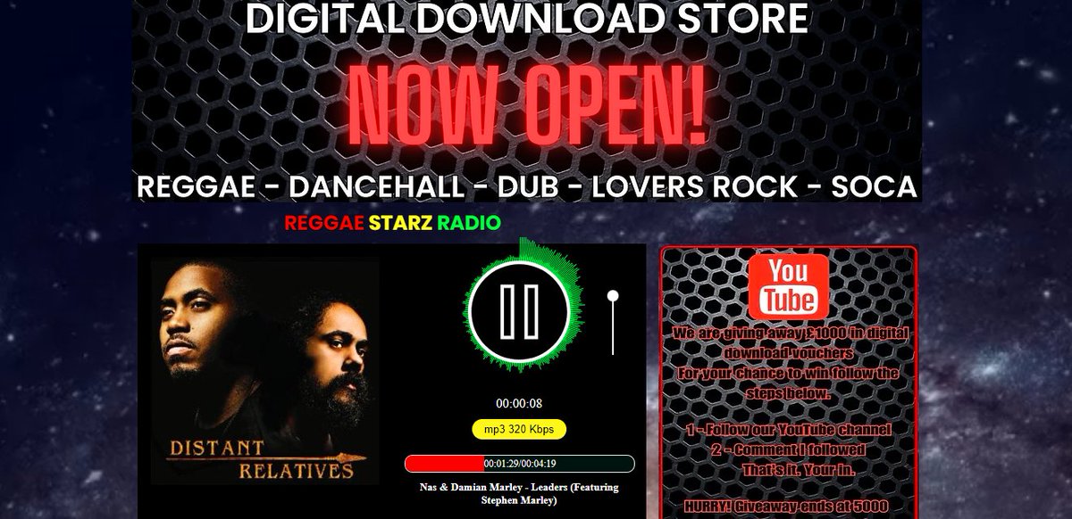 Radio Reggae Starz
🔊Reproduciendo ahora⏯Nas & Damian Marley - Leaders (Featuring Stephen Marley) @ reggae-universe.com/#ReggaeStarzRa… @ReggaeStarz_RSR @reggaeunivrse @reggaeunivrsetv @savedancehall #roots #Reggae #soca #dancehall #loversrock #DubNation #Jamaica #ArroyoUniversoReggae🌍