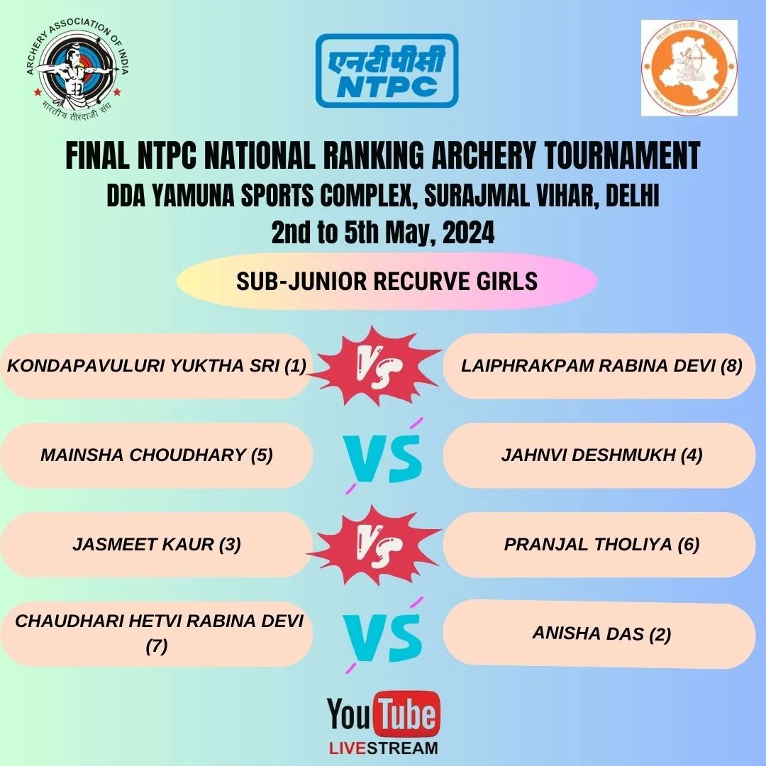 Sub-Junior Recurve Matches Schedule of Final NTPC National Ranking Archery Tournament (NRAT)-2023 at DDA Yamuna Sports Complex,Delhi Title Sponsor : @ntpclimited #IndianArchery #NTPCArchery #NTPCNational #nationalranking #ntpctournament #NRAT #dda #yamunasportscomplex🏹 #delhi