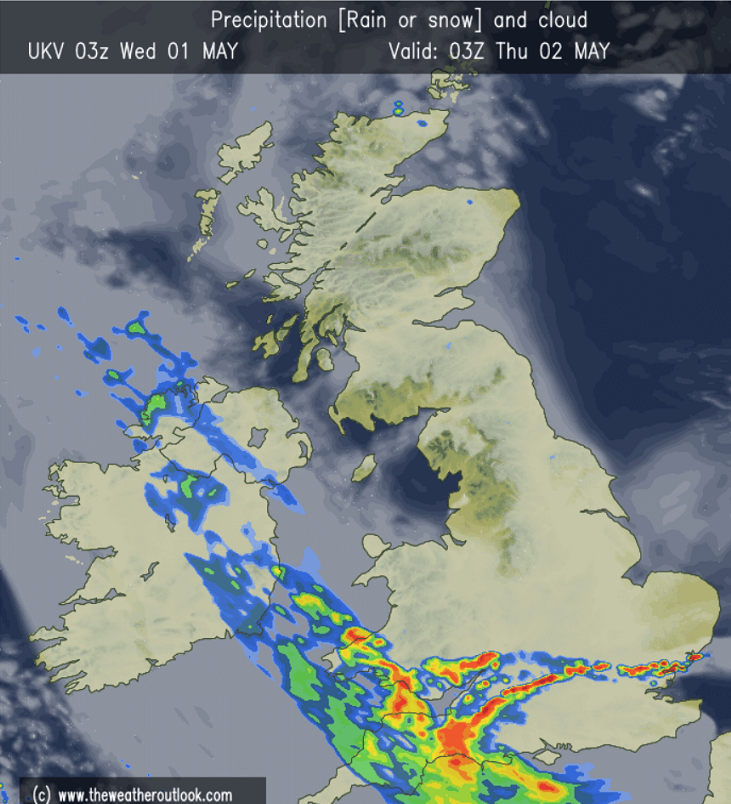 First thundery plume of the season for southern counties tonight