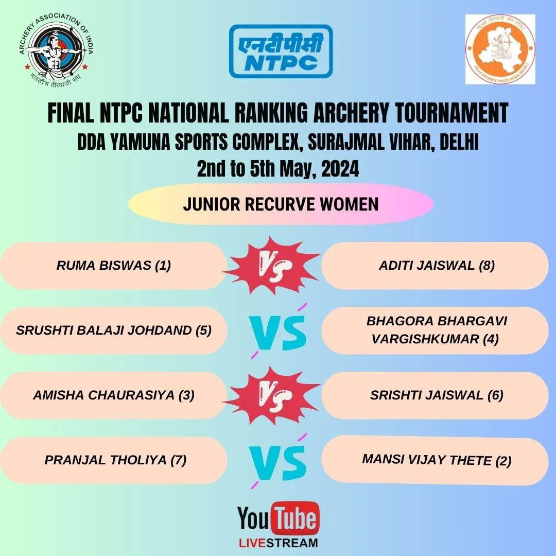 Junior Recurve Matches Schedule of Final NTPC National Ranking Archery Tournament (NRAT) - 2023 at DDA Yamuna Sports Complex, Delhi Title Sponsor : @ntpclimited #IndianArchery #NTPCArchery #NTPCNational #nationalranking #ntpctournament #NRAT #dda #yamunasportscomplex🏹 #delhi