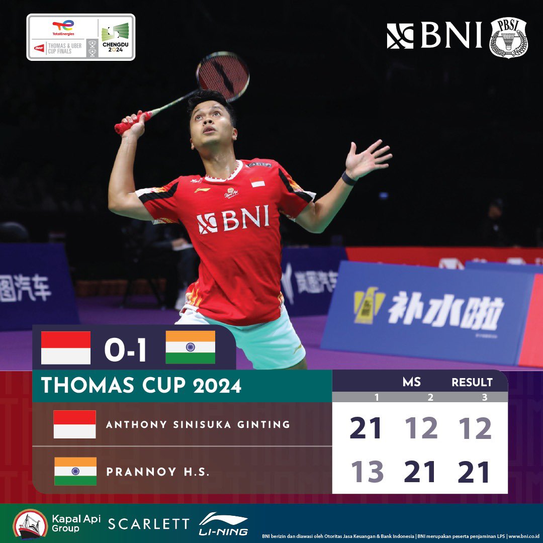 Lewati pertarungan sengit, Anthony Ginting takluk dari Prannoy. Indonesia kini tertinggal 0-1 dari India. Tetap semangat, balas di partai kedua!🔥🇮🇩 #KitaIndonesia #BadmintonIndonesia #ThomasCup2024 #UberCup2024 #ThomasUberCup2024 #MenjagaMerahPutih